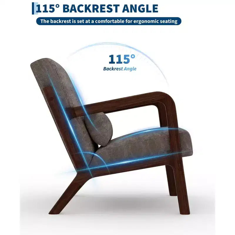 Fauteuil d'appoint Mid-Century Modern – Fauteuil en chenille avec coussin lombaire amovible, fauteuil de lecture en bois massif pour salon, chambre à coucher