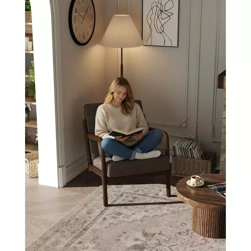 Fauteuil d'appoint Mid-Century Modern – Fauteuil en chenille avec coussin lombaire amovible, fauteuil de lecture en bois massif pour salon, chambre à coucher