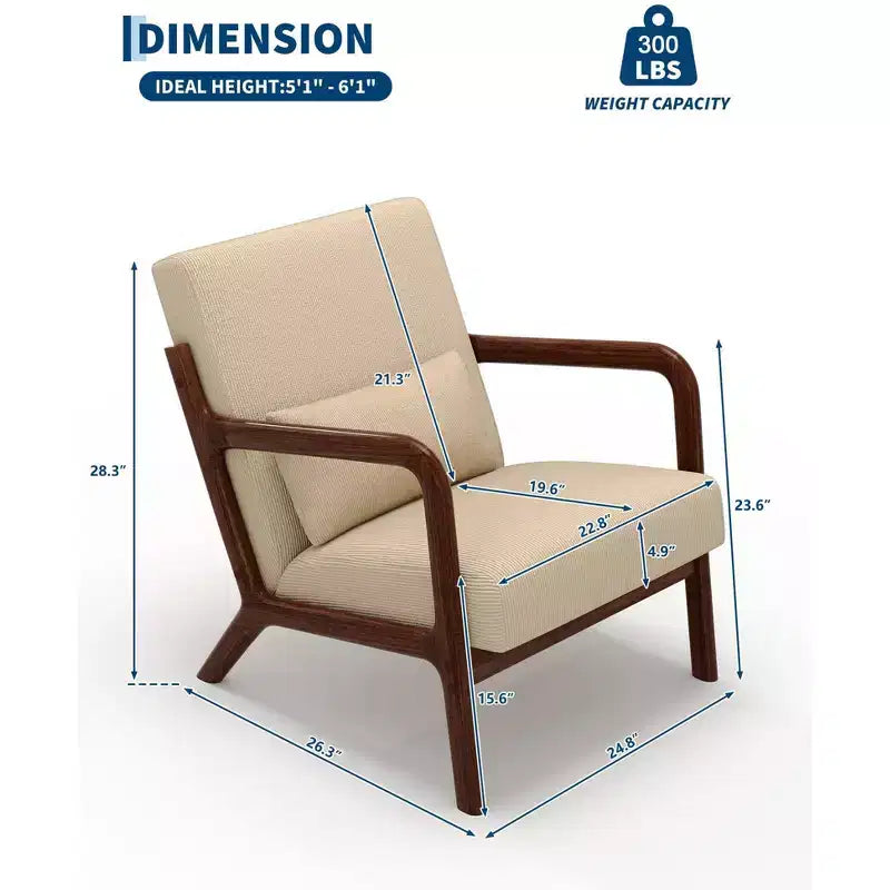 Fauteuil d'appoint Mid-Century Modern – Fauteuil en chenille avec coussin lombaire amovible, fauteuil de lecture en bois massif pour salon, chambre à coucher