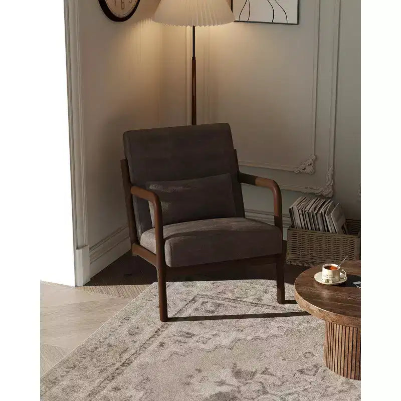 Mid-Century Modern Accent Chair  Chenille Upholstered Armchair with Removable Lumbar Pillow, Solid Wood Reading Chair for Living Room, Bedroom