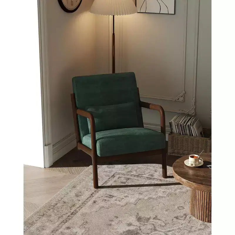Fauteuil d'appoint Mid-Century Modern – Fauteuil en chenille avec coussin lombaire amovible, fauteuil de lecture en bois massif pour salon, chambre à coucher