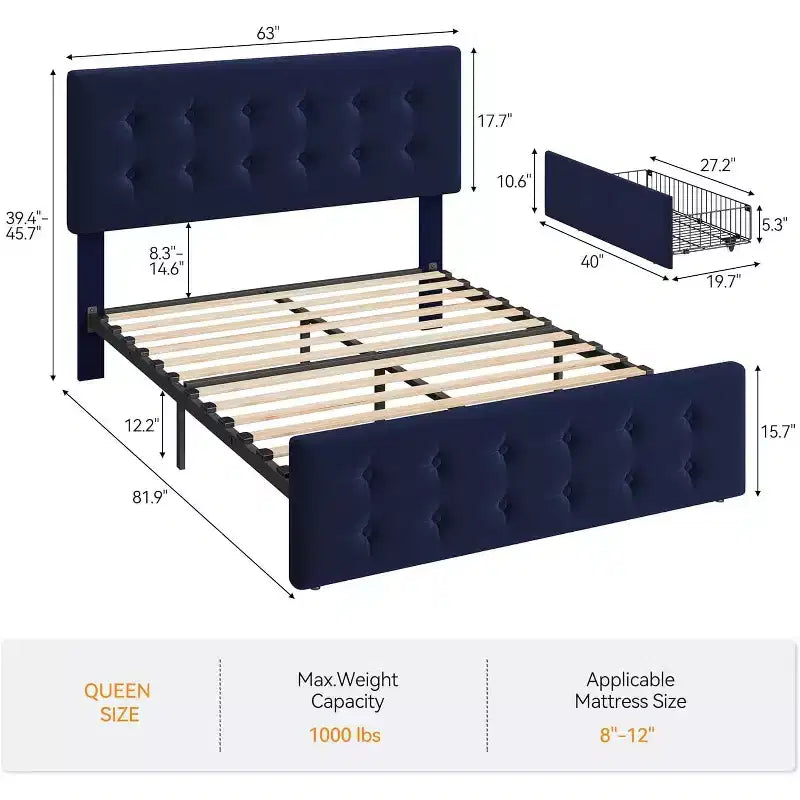 Queen Size Velvet Upholstered Platform Bed Frame, 4 Drawers &amp; Adjustable Headboard, Button Tufted, Wooden Slats, No Box Spring Needed, Blue
