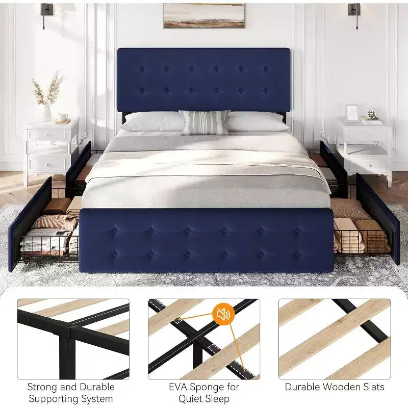 Cadre de lit plateforme rembourré en velours Queen Size, 4 tiroirs et tête de lit réglable, capitonné, lattes en bois, pas besoin de sommier tapissier, bleu