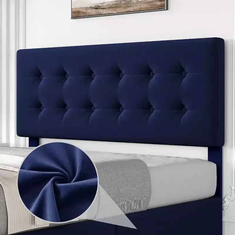 Cadre de lit plateforme rembourré en velours Queen Size, 4 tiroirs et tête de lit réglable, capitonné, lattes en bois, pas besoin de sommier tapissier, bleu