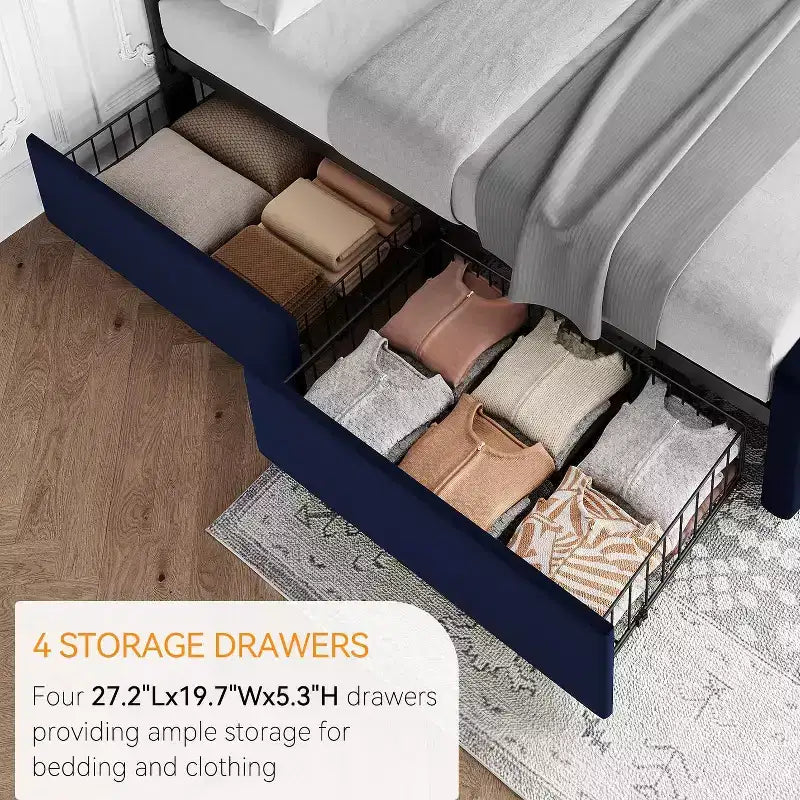 Cadre de lit plateforme rembourré en velours Queen Size, 4 tiroirs et tête de lit réglable, capitonné, lattes en bois, pas besoin de sommier tapissier, bleu