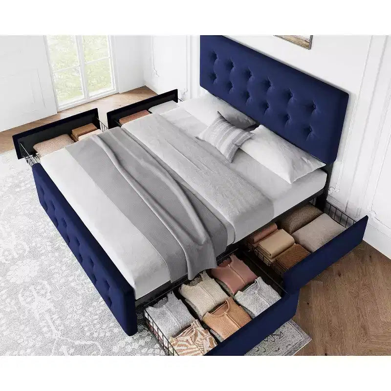 Cadre de lit plateforme rembourré en velours Queen Size, 4 tiroirs et tête de lit réglable, capitonné, lattes en bois, pas besoin de sommier tapissier, bleu