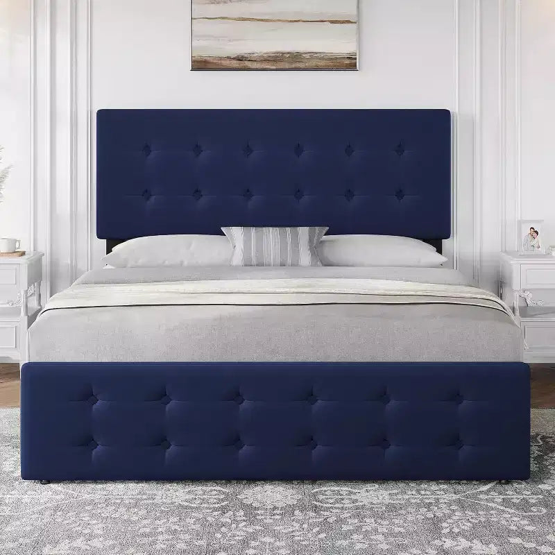 Cadre de lit plateforme rembourré en velours Queen Size, 4 tiroirs et tête de lit réglable, capitonné, lattes en bois, pas besoin de sommier tapissier, bleu