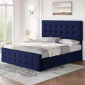Cadre de lit plateforme rembourré en velours Queen Size, 4 tiroirs et tête de lit réglable, capitonné, lattes en bois, pas besoin de sommier tapissier, bleu