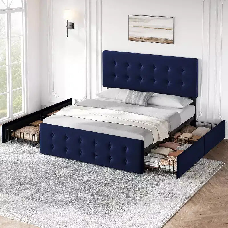 Cadre de lit plateforme rembourré en velours Queen Size, 4 tiroirs et tête de lit réglable, capitonné, lattes en bois, pas besoin de sommier tapissier, bleu