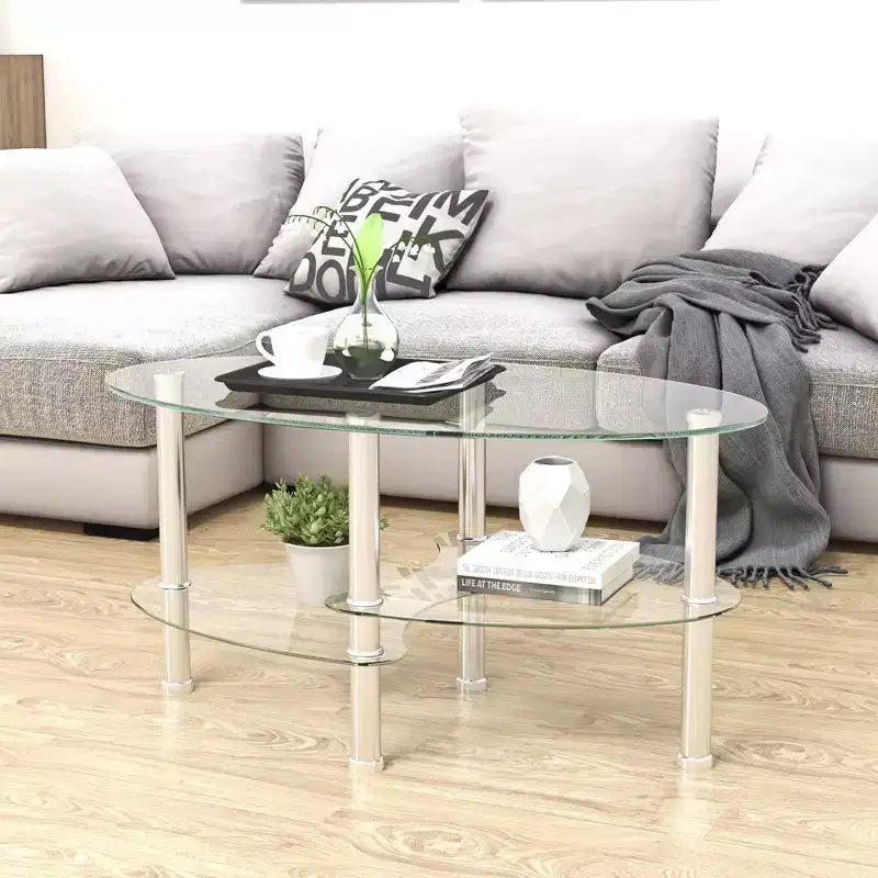 Transparent Oval 3-Layer Glass Coffee Table, Modern Tempered Glass Table with Stainless Steel Legs for Living Room Office