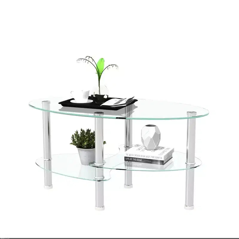 Table basse ovale transparente à 3 niveaux en verre, table moderne en verre trempé avec pieds en acier inoxydable pour salon ou bureau
