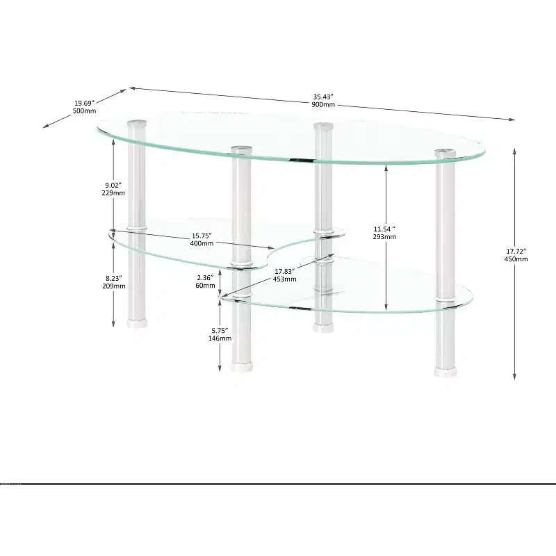 Table basse ovale transparente à 3 niveaux en verre, table moderne en verre trempé avec pieds en acier inoxydable pour salon ou bureau