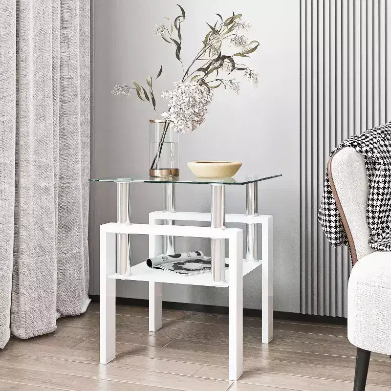 17.72 Transparent White Tempered Glass Coffee Table, Square 2-Tier End Table with Metal Legs for Living Room Bedroom