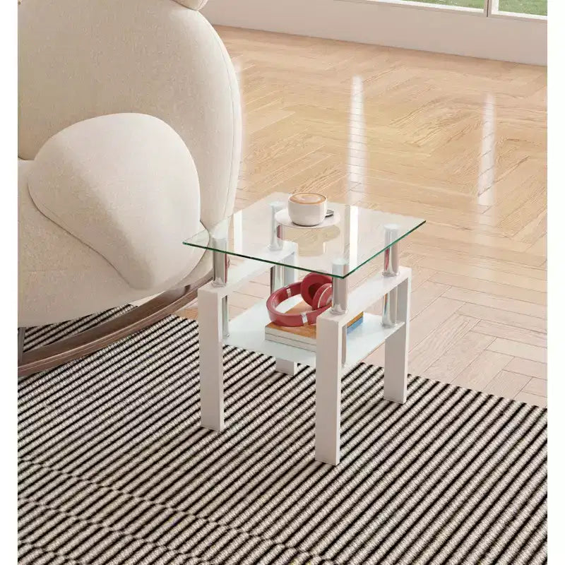 Table basse en verre trempé blanc transparent de 45 cm, table d'appoint carrée à 2 niveaux avec pieds en métal pour salon chambre