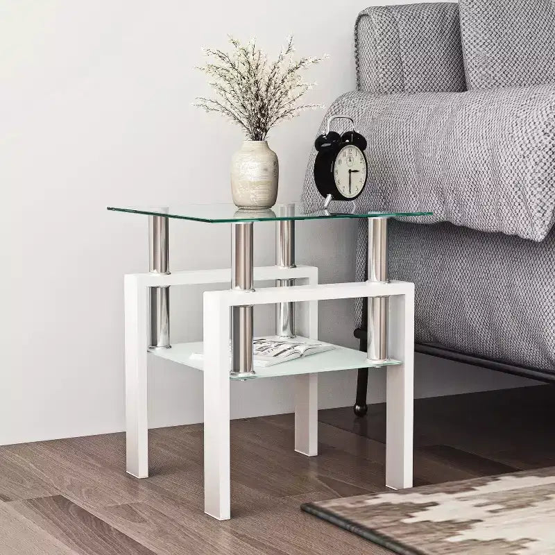 Table basse en verre trempé blanc transparent de 45 cm, table d'appoint carrée à 2 niveaux avec pieds en métal pour salon chambre