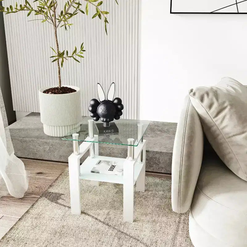 Table basse en verre trempé blanc transparent de 45 cm, table d'appoint carrée à 2 niveaux avec pieds en métal pour salon chambre