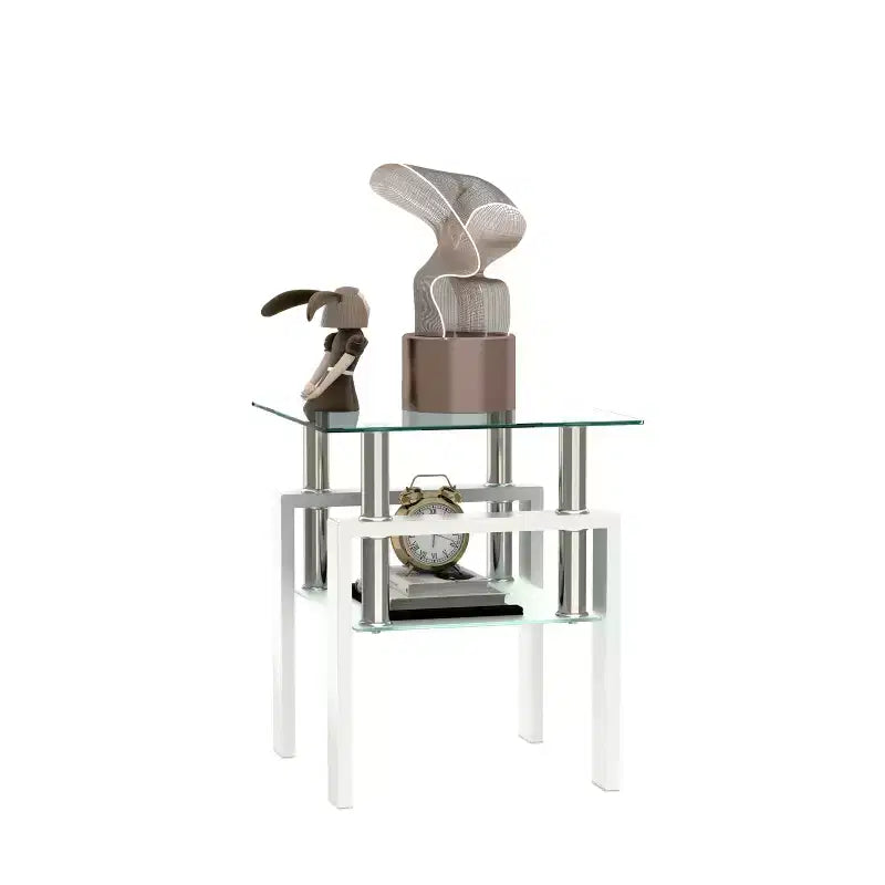 Table basse en verre trempé blanc transparent de 45 cm, table d'appoint carrée à 2 niveaux avec pieds en métal pour salon chambre