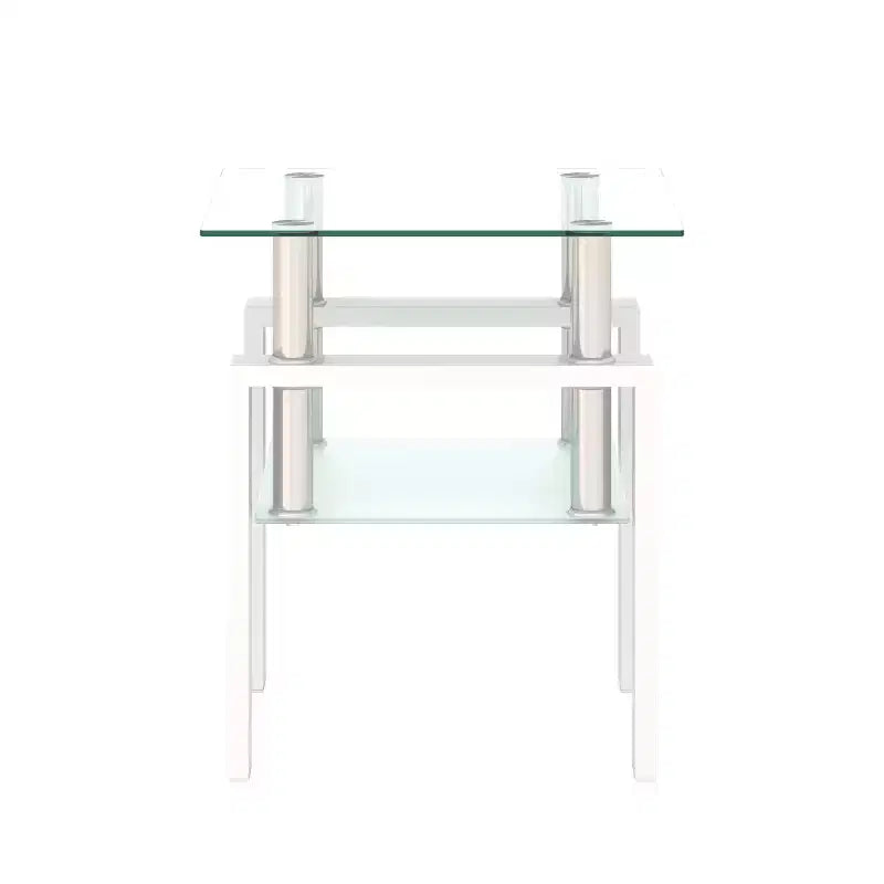 Table basse en verre trempé blanc transparent de 45 cm, table d'appoint carrée à 2 niveaux avec pieds en métal pour salon chambre