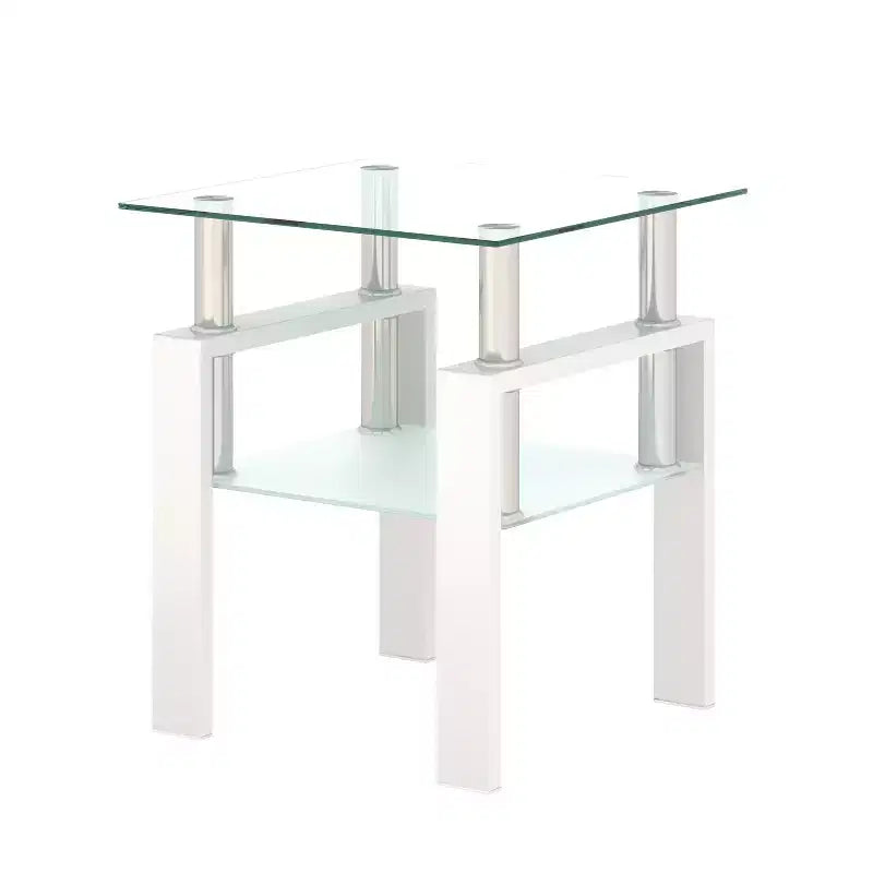 Table basse en verre trempé blanc transparent de 45 cm, table d'appoint carrée à 2 niveaux avec pieds en métal pour salon chambre