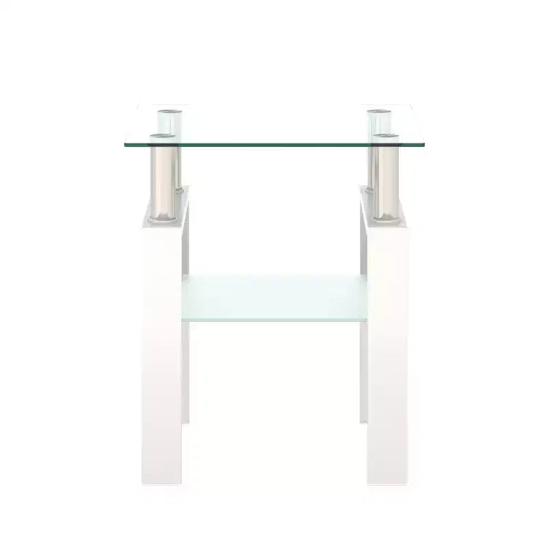 Table basse en verre trempé blanc transparent de 45 cm, table d'appoint carrée à 2 niveaux avec pieds en métal pour salon chambre