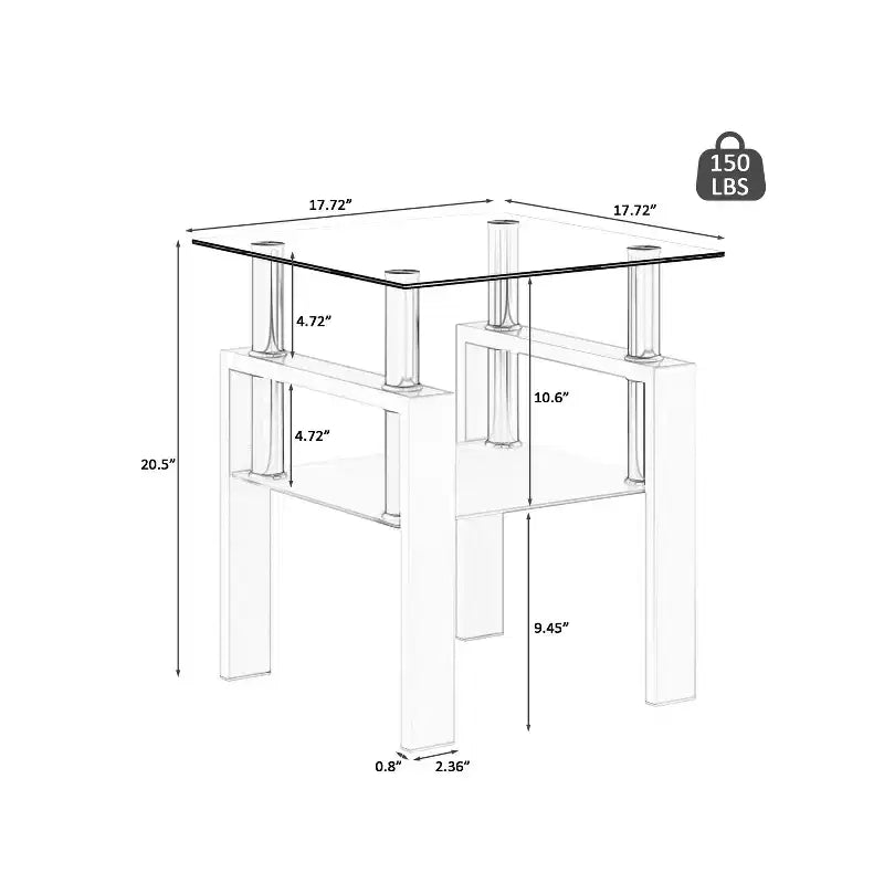 Table basse en verre trempé blanc transparent de 45 cm, table d'appoint carrée à 2 niveaux avec pieds en métal pour salon chambre