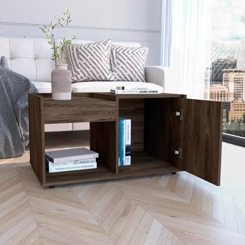 Table basse en noyer foncé, meuble à porte simple avec étagère ouverte, grande table d'appoint pour salon