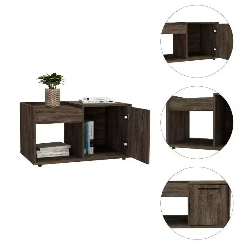 Table basse en noyer foncé, meuble à porte simple avec étagère ouverte, grande table d'appoint pour salon