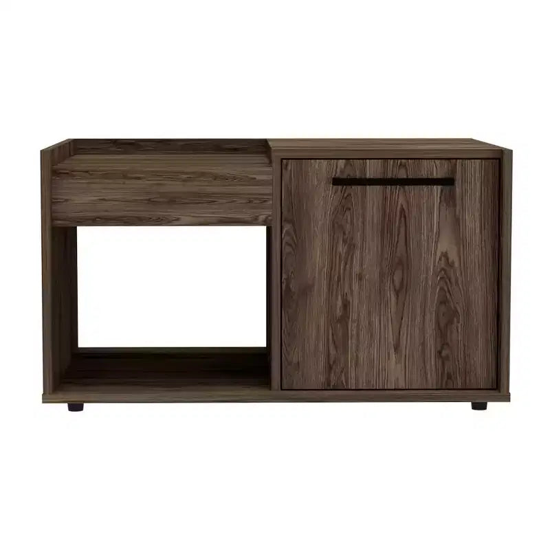 Table basse en noyer foncé, meuble à porte simple avec étagère ouverte, grande table d'appoint pour salon