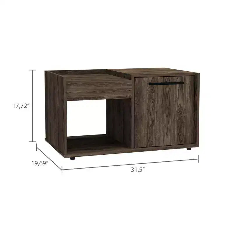 Table basse en noyer foncé, meuble à porte simple avec étagère ouverte, grande table d'appoint pour salon