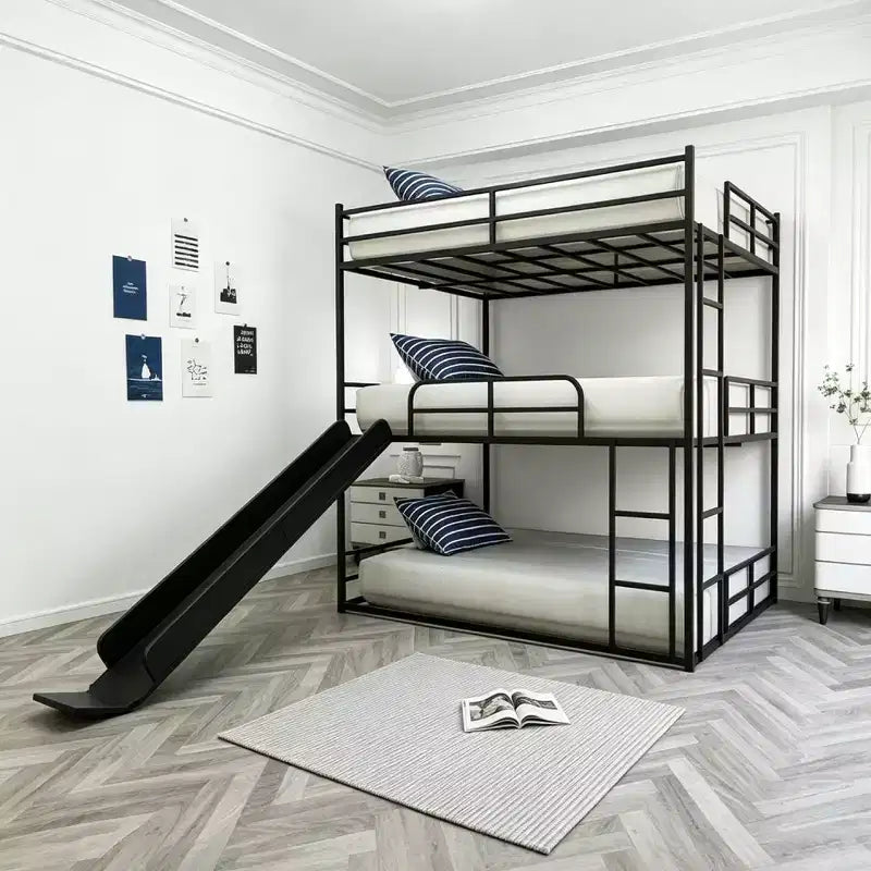 Luxystar Full Size Metal Loft Bed with Slide and Ladder for Kids' Room, Black