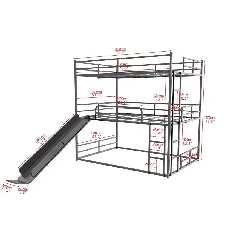 Lit mezzanine en métal pleine grandeur avec toboggan et échelle pour chambre d'enfants, noir