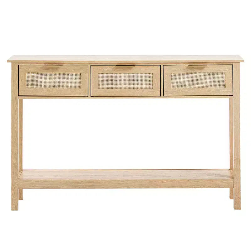 Console en bois et rotin avec 3 tiroirs