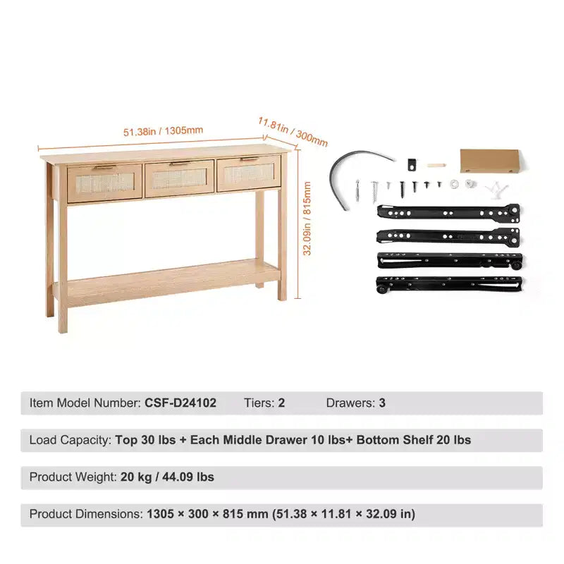 Console en bois et rotin avec 3 tiroirs