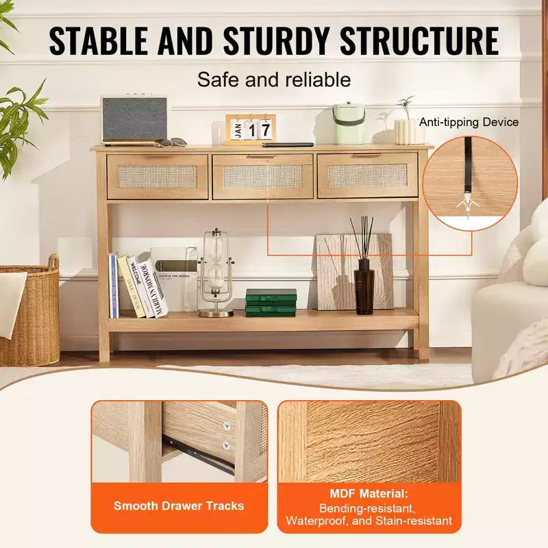 Console en bois et rotin avec 3 tiroirs