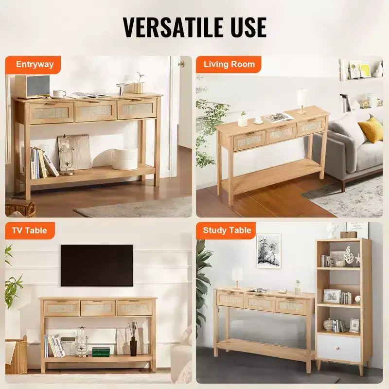 Console en bois et rotin avec 3 tiroirs