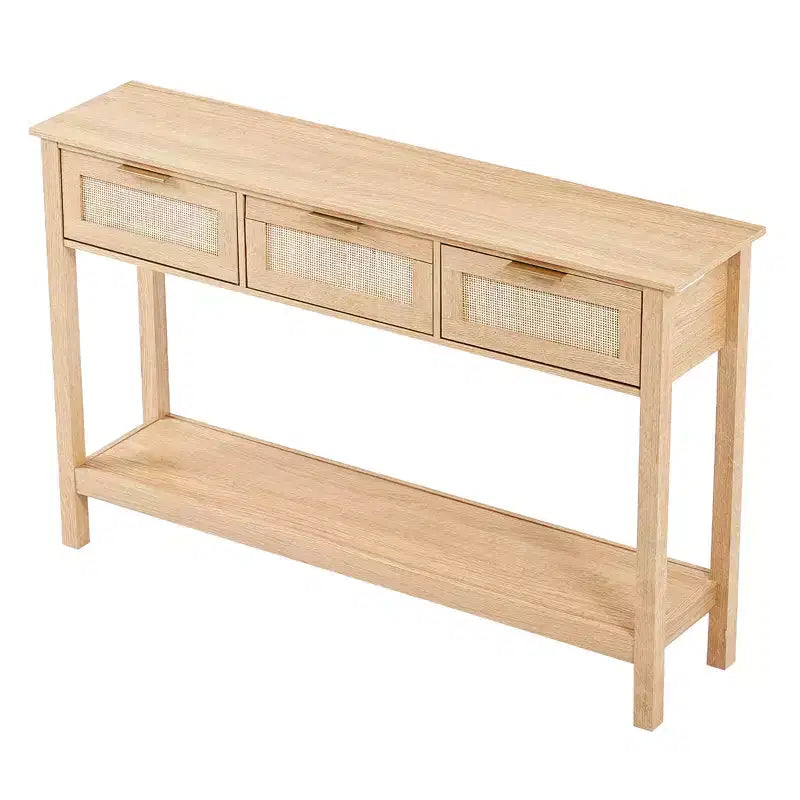 Console en bois et rotin avec 3 tiroirs