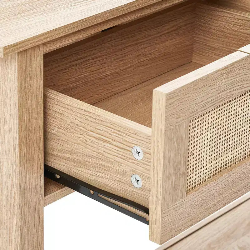 Console en bois et rotin avec 3 tiroirs