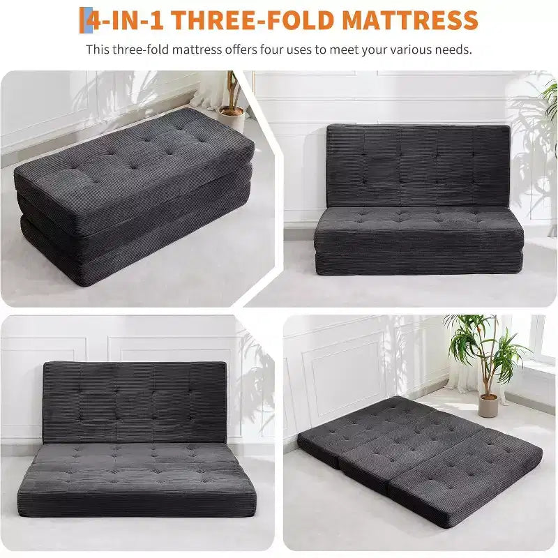 Canapé-lit matelas pliable en trois de 6 pouces, lit d'appoint pliable en mousse de 75x54,3 avec velours côtelé capitonné, portable pour le camping, le salon, la chambre à coucher