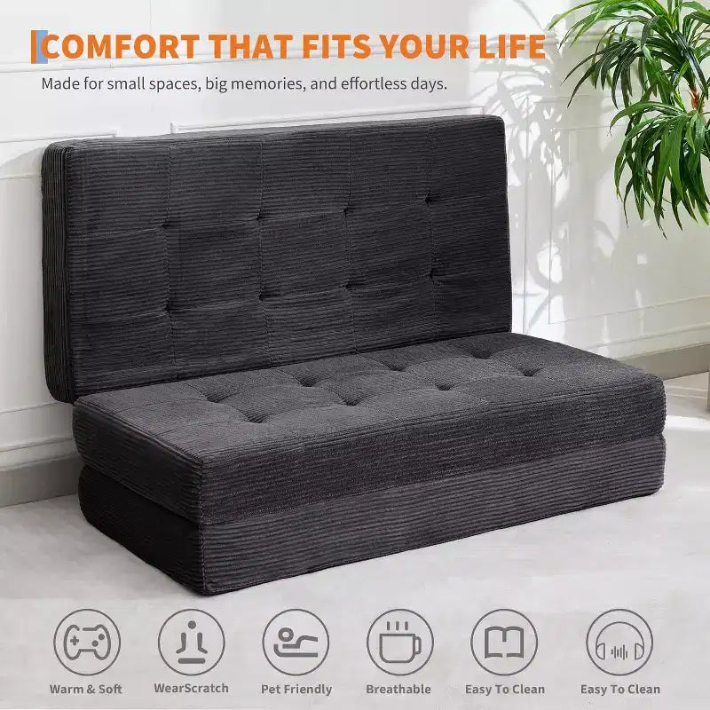 Canapé-lit matelas pliable en trois de 6 pouces, lit d'appoint pliable en mousse de 75x54,3 avec velours côtelé capitonné, portable pour le camping, le salon, la chambre à coucher
