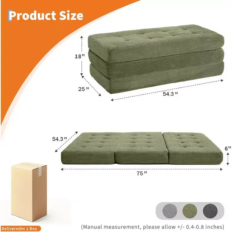 Canapé-lit matelas pliable en trois de 6 pouces, lit d'appoint pliable en mousse de 75x54,3 avec velours côtelé capitonné, portable pour le camping, le salon, la chambre à coucher