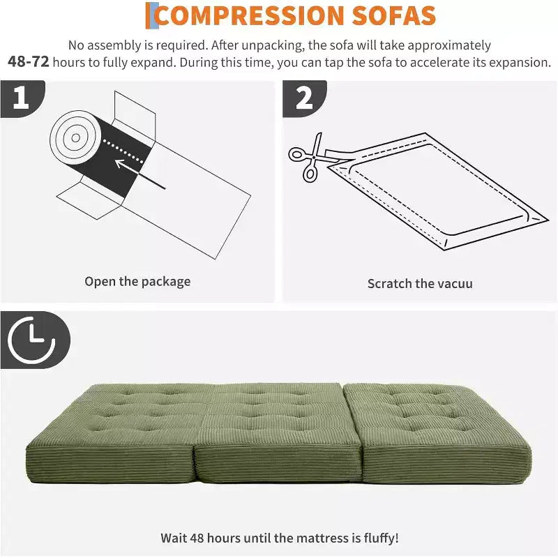Canapé-lit matelas pliable en trois de 6 pouces, lit d'appoint pliable en mousse de 75x54,3 avec velours côtelé capitonné, portable pour le camping, le salon, la chambre à coucher