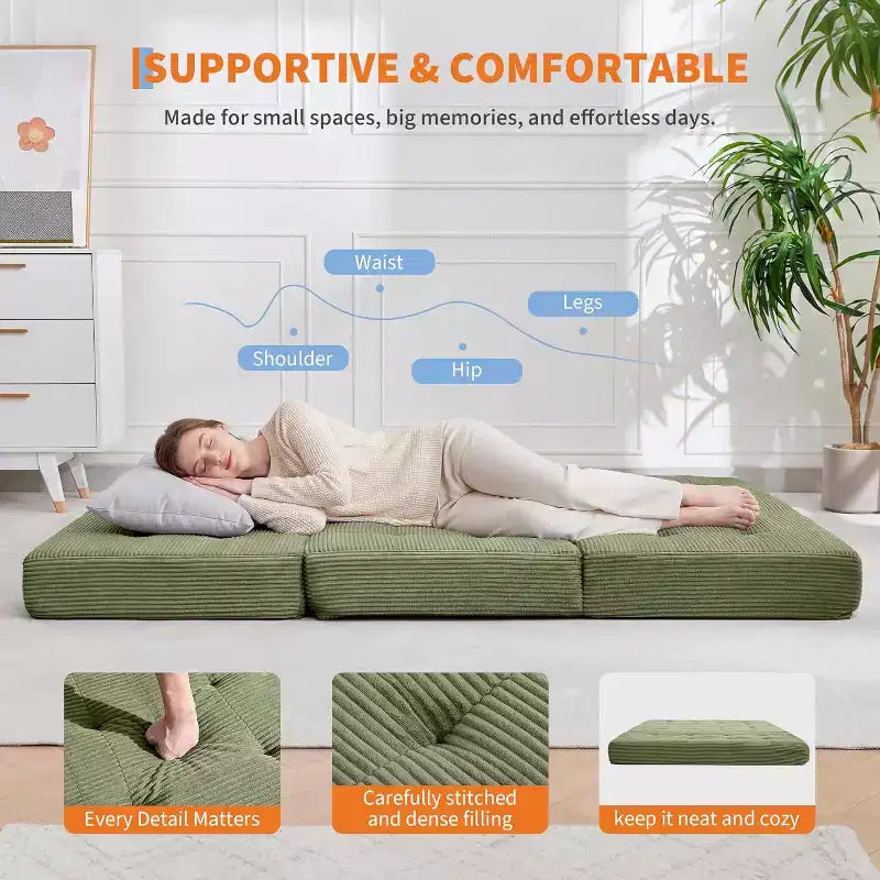 Canapé-lit matelas pliable en trois de 6 pouces, lit d'appoint pliable en mousse de 75x54,3 avec velours côtelé capitonné, portable pour le camping, le salon, la chambre à coucher