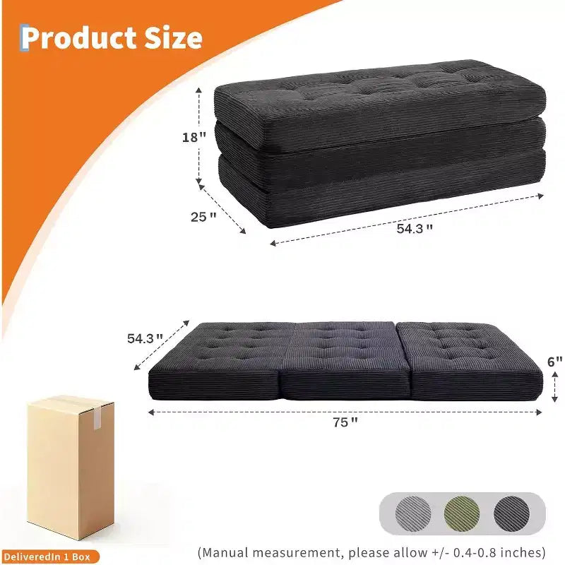 Canapé-lit matelas pliable en trois de 6 pouces, lit d'appoint pliable en mousse de 75x54,3 avec velours côtelé capitonné, portable pour le camping, le salon, la chambre à coucher
