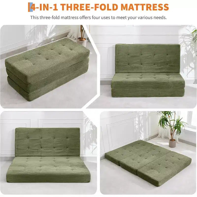Canapé-lit matelas pliable en trois de 6 pouces, lit d'appoint pliable en mousse de 75x54,3 avec velours côtelé capitonné, portable pour le camping, le salon, la chambre à coucher