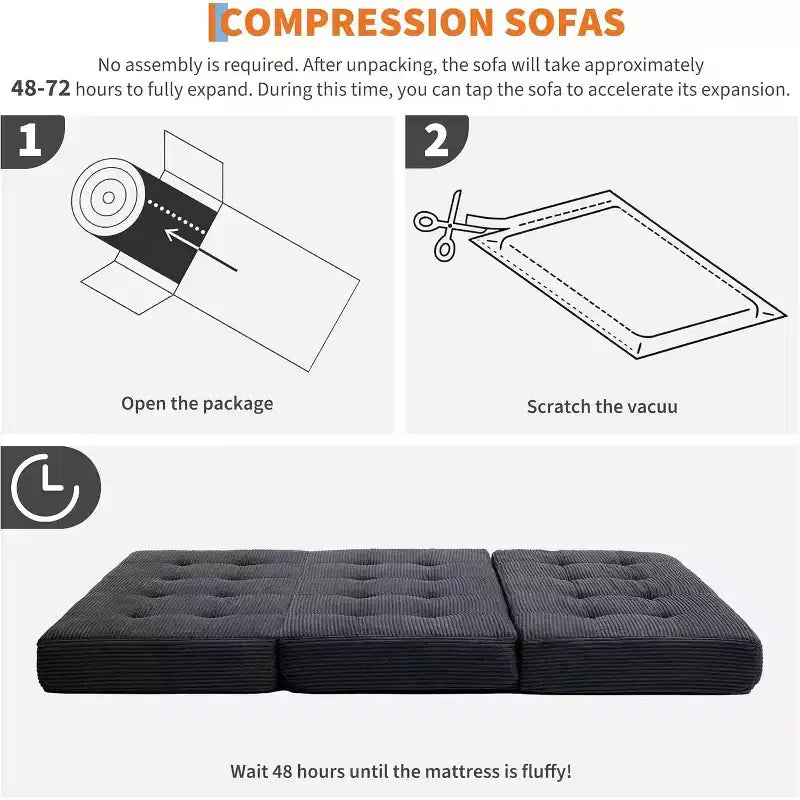 Canapé-lit matelas pliable en trois de 6 pouces, lit d'appoint pliable en mousse de 75x54,3 avec velours côtelé capitonné, portable pour le camping, le salon, la chambre à coucher