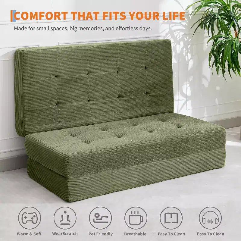 Canapé-lit matelas pliable en trois de 6 pouces, lit d'appoint pliable en mousse de 75x54,3 avec velours côtelé capitonné, portable pour le camping, le salon, la chambre à coucher