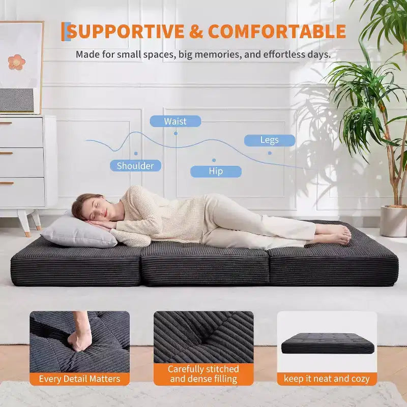 Canapé-lit matelas pliable en trois de 6 pouces, lit d'appoint pliable en mousse de 75x54,3 avec velours côtelé capitonné, portable pour le camping, le salon, la chambre à coucher