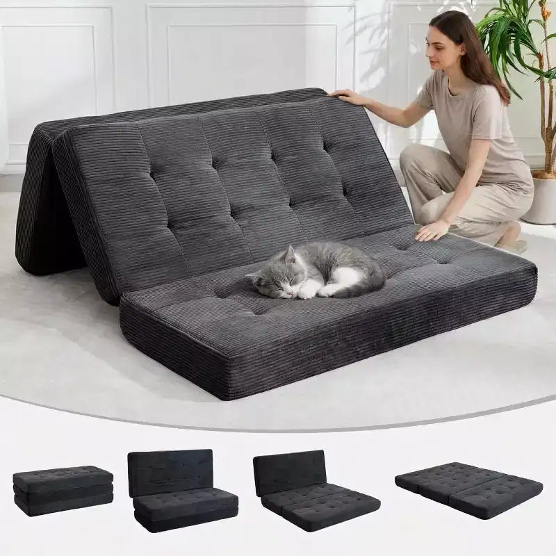 Canapé-lit matelas pliable en trois de 6 pouces, lit d'appoint pliable en mousse de 75x54,3 avec velours côtelé capitonné, portable pour le camping, le salon, la chambre à coucher