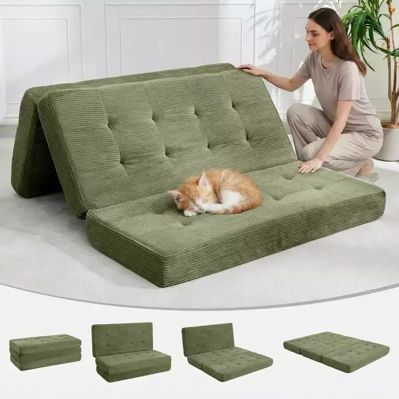 SunnyFurn 6 Inch Tri-Fold Mattress Sofa Bed, 75X54.3 Foam Folding Guest Bed with Tufted Corduroy, Portable for Camping, Living Room, Bedroom