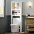 Rattan Over The Toilet Storage Cabinet, Freestanding Wood Bathroom Organizer Shelf with Adjustable Shelves, Tall Space Saver Rack Behind Toilet